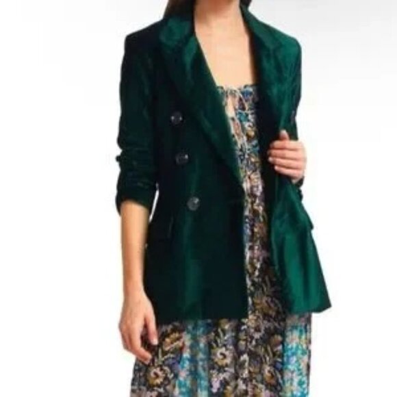 Free People Green Velvet Blazer Double-Breasted - Picture 1 of 8